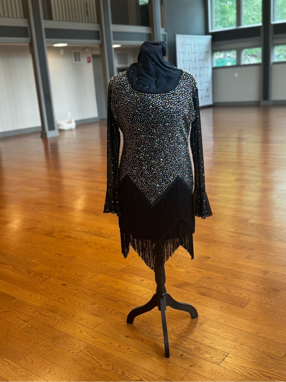 Plus Size Black Latin / Rhythm dress with bell sleeves and fringe !